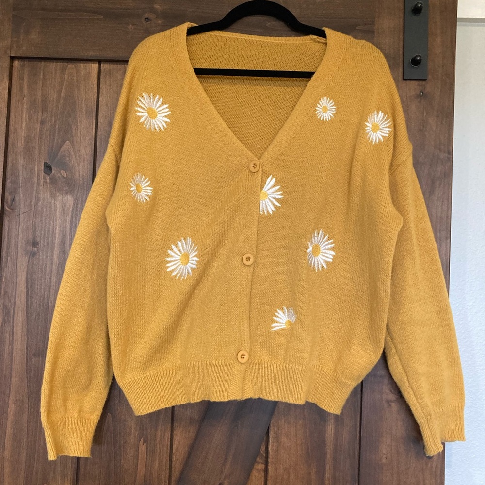 Fun Yellow Women's Cardigan with white daisies.